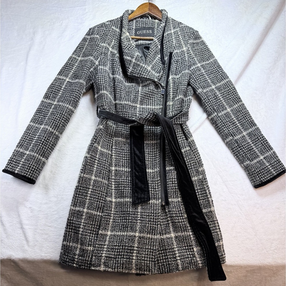 GUESS Women's Wool Blend Asymmetric Plaid Belted Coat Velvet Trim Black White M
